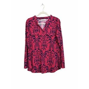 Nandashe Womens Sz L Purple Navy Tunic Blouse Danask Style Print Long Sleeve